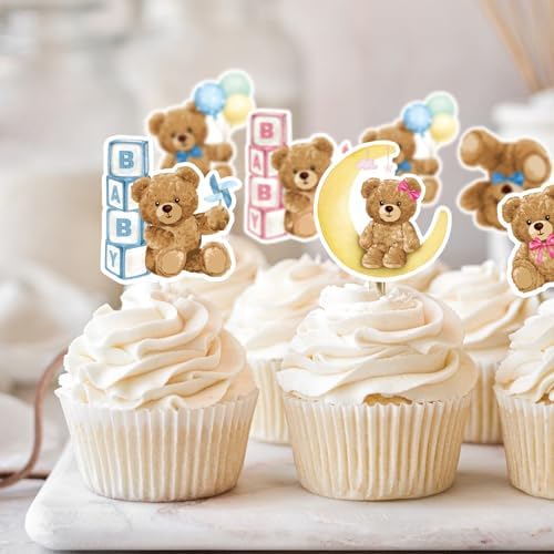 30pcs Blue Pink Bear Cupcake Toppers for Gender Reveal