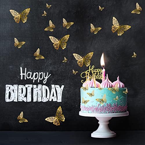 24Pcs Gold Butterfly Cake Decorations with Birthday Sign