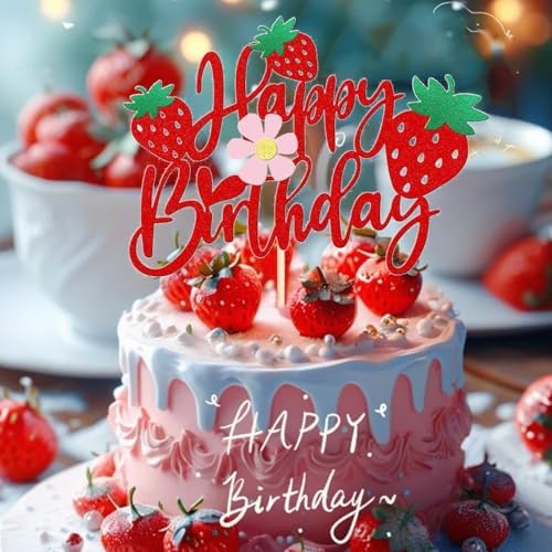 ZitTRo 1Pcs Happy Birthday Glitter Strawberry Cake Topper