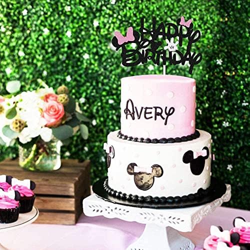 BOGZON Black Glitter Minnie Birthday Cake Topper with Pink Bows and White Gloves
