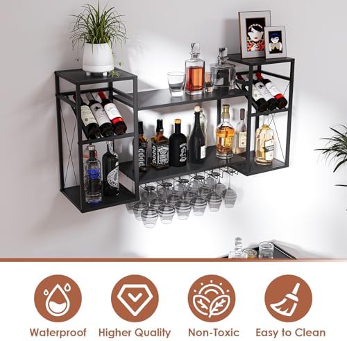 2-Tier Wall-Mounted Wine Rack with 6 Stem Glass Holder Black
