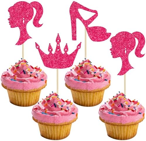 Ephlyn 24Pcs Hot Pink Glitter Princess Cupcake Toppers
