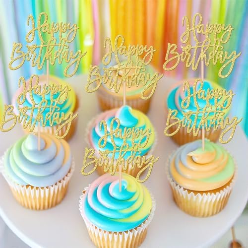 ZHUOWEISM 24 PCS Happy Birthday Cupcake Toppers Glitter