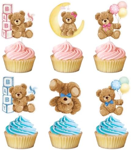 30pcs Blue Pink Bear Cupcake Toppers for Gender Reveal