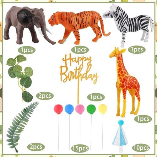Hooqict 34 Pcs Safari Animal Cake Toppers