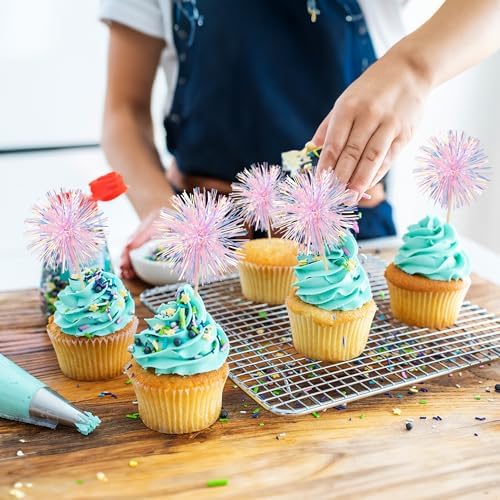 Ephlyn 30Pcs Foil Firework Cupcake Toppers Pink