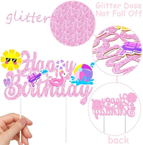 Pool Party Birthday Cake Topper with Pink Glitter