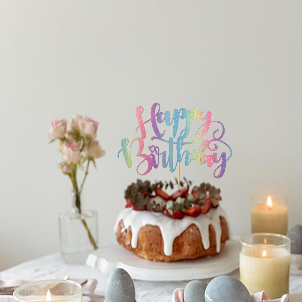 Naicaek Handmade Glitter Birthday Cake Topper with Rainbow Design