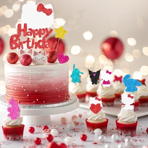 Cute Cat Birthday Cake Toppers 10Pcs Glitter Decor