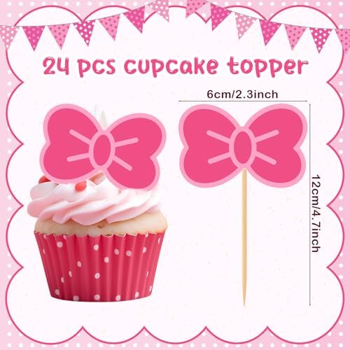 24 Pcs Pink Cat Bow Cake Toppers for Kitten Parties