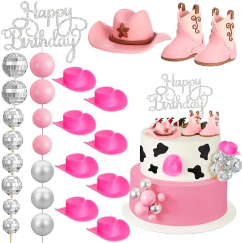 26 Pieces Pink Cowgirl Cake Decorations for Western Party