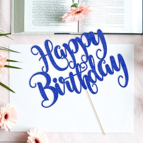 Happy Birthday Cake Topper - Deep Blue Glitter Decor