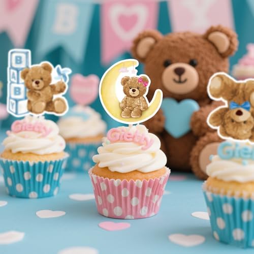 30pcs Blue Pink Bear Cupcake Toppers for Gender Reveal