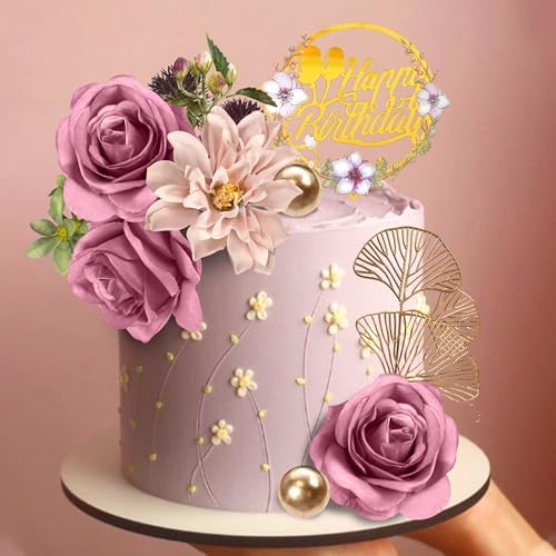 DRWATE Flower Cake Toppers Purple Rose and Ginkgo Leaf Set