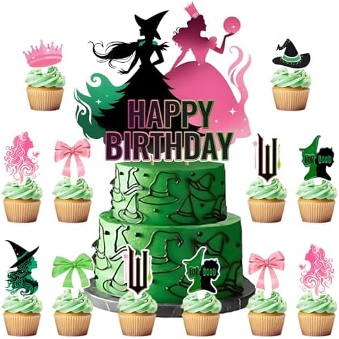 25Pcs Witch Cupcake Toppers Pink Green Party Decorations