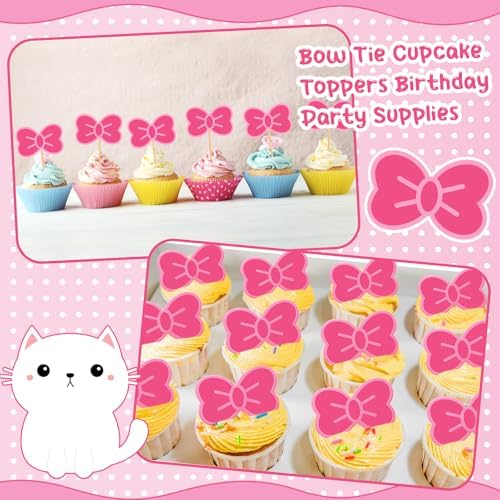 24 Pcs Pink Cat Bow Cake Toppers for Kitten Parties