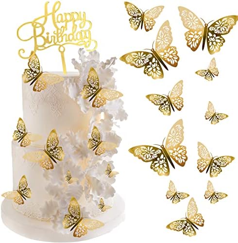24Pcs Gold Butterfly Cake Decorations with Birthday Sign