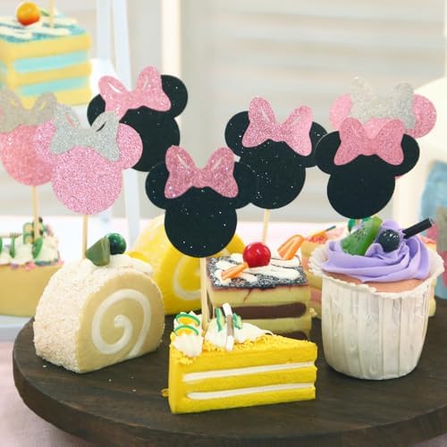 25Pcs Glitter Mouse Cupcake Toppers with Bow