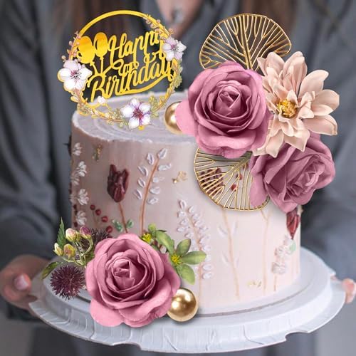 DRWATE Flower Cake Toppers Purple Rose and Ginkgo Leaf Set