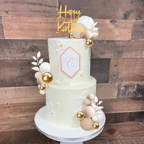 DRWATE Boho Khaki White Gold Pearl Balls Cake Toppers