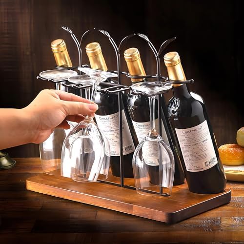 Laxioriew Wood Wine Bottle Holder for 4 Bottles and 4 Glasses