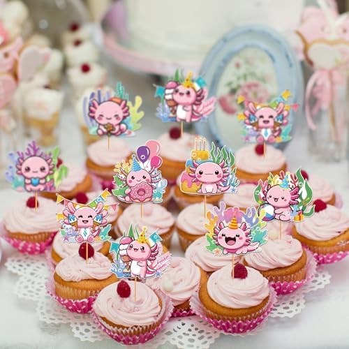 Hokinaa Axolotl Cupcake Toppers 24 Pcs Pink Birthday Decorations