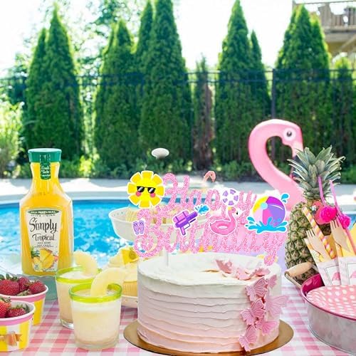 Pool Party Birthday Cake Topper with Pink Glitter