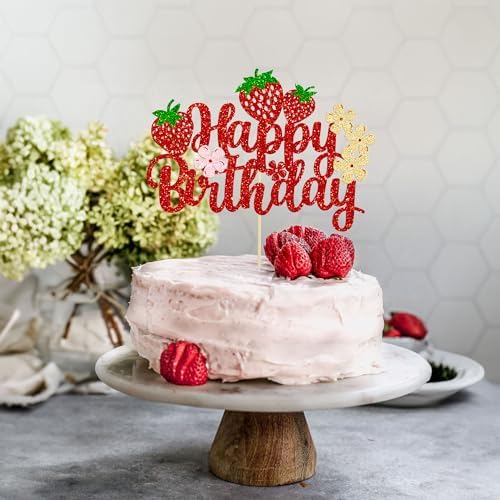 Ephlyn Strawberry Cake Topper Red Glitter Decor