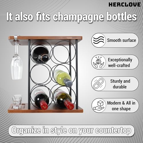 Herclove 6-Bottle Wine Rack with 2 Glasses Holder