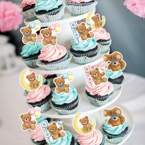 30pcs Blue Pink Bear Cupcake Toppers for Gender Reveal