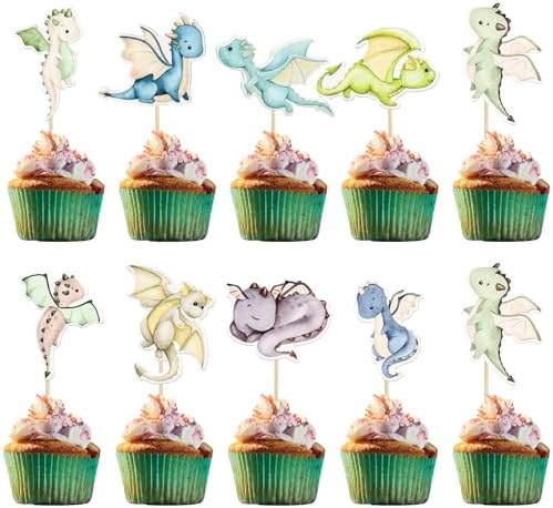 Ephlyn 36Pcs Dragon Cupcake Toppers for Birthday Party