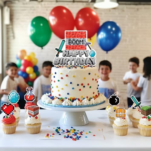 Terkung 9pcs Pixel Cartoon Cake Toppers for Birthday Parties