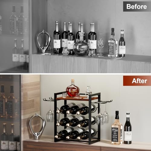 Nanagiftree Wooden Wine Rack with Tray Holds 9 Bottles 4 Glasses
