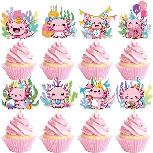 Hokinaa Axolotl Cupcake Toppers 24 Pcs Pink Birthday Decorations