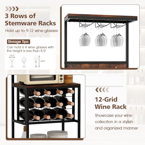 Giantex Freestanding Wine Rack with 12 Bottle Holders and 3 Glass Racks