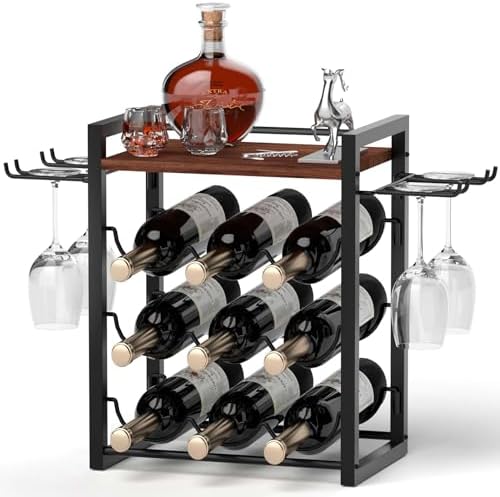 Nanagiftree Wooden Wine Rack with Tray Holds 9 Bottles 4 Glasses