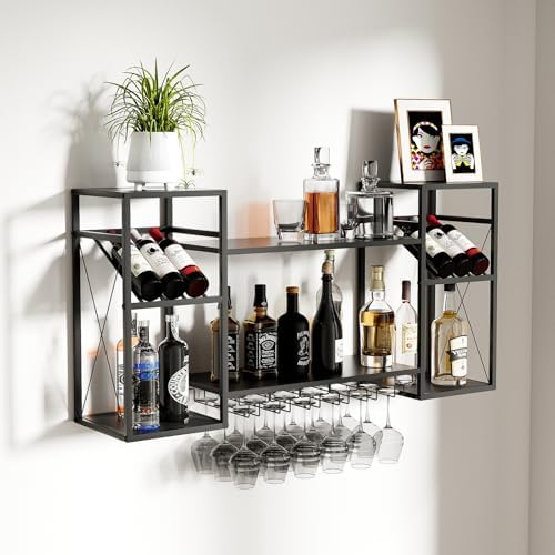 2-Tier Wall-Mounted Wine Rack with 6 Stem Glass Holder Black