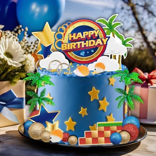 GZDUCK 30Pcs Blue Hedgehog Cake Toppers for Kids Birthday Party