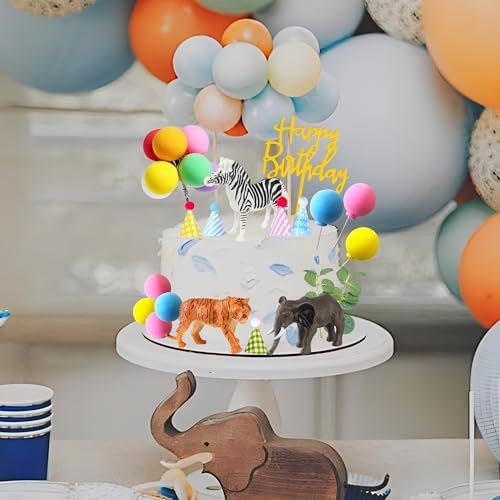 LEFUBABY Safari Animal Cake Toppers with Mini Hats and Balloons 1
