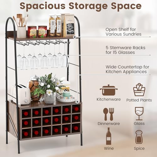 Giantex Freestanding Wine Rack with 15 Glasses Holder and 2 Storage Shelves