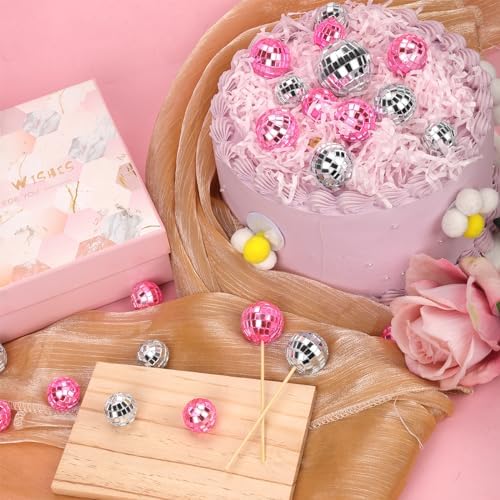 30pcs Disco Ball Cupcake Toppers Pink and Silver