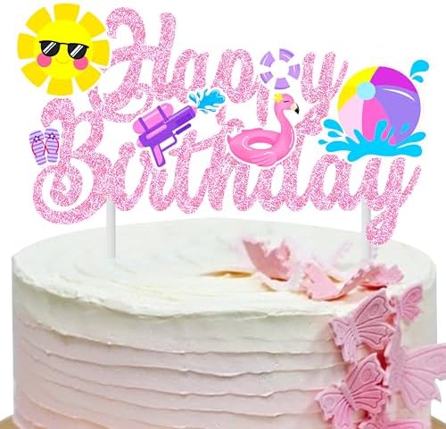 Pool Party Birthday Cake Topper with Pink Glitter
