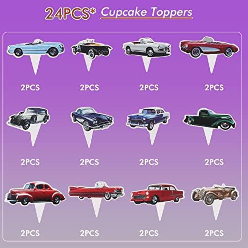 24 Pcs Classic Car Cupcake Toppers - Retro Birthday Party Decor