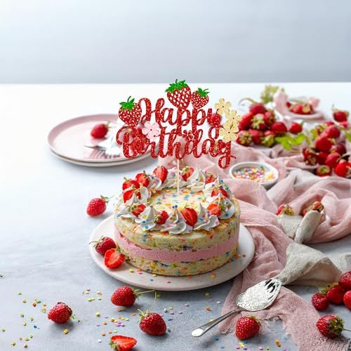 Ephlyn Strawberry Cake Topper Red Glitter Decor