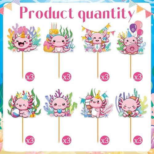 Hokinaa Axolotl Cupcake Toppers 24 Pcs Pink Birthday Decorations