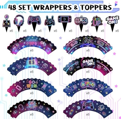 Nuenen Neon Gaming Cupcake Toppers 96 Pcs