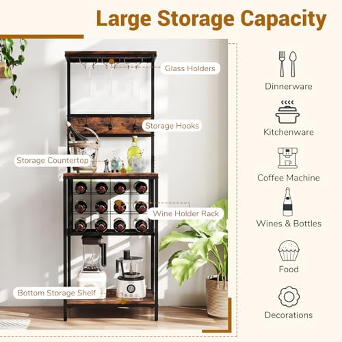 GOFLAME Freestanding Wine Rack with Glass Holders and Countertop