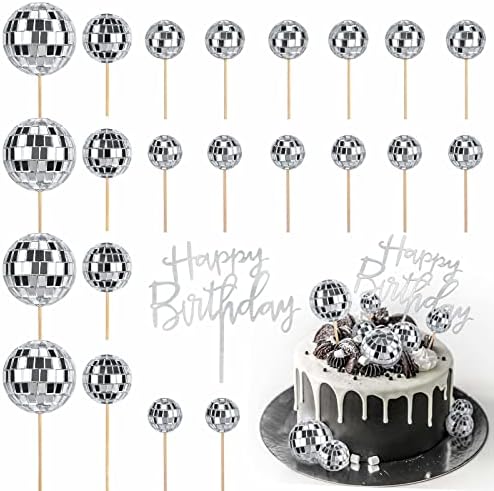 JOERSH 23pcs Disco Ball Cupcake Toppers - 70s Disco Party Decorations