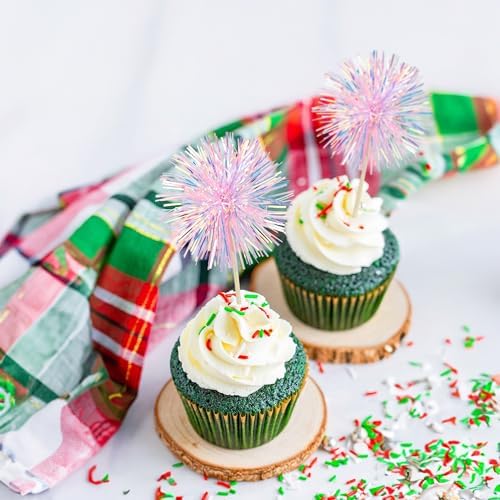 Ephlyn 30Pcs Foil Firework Cupcake Toppers Pink