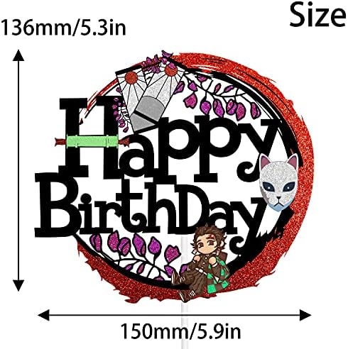 Happy Birthday Anime Cake Topper with Black Glitter